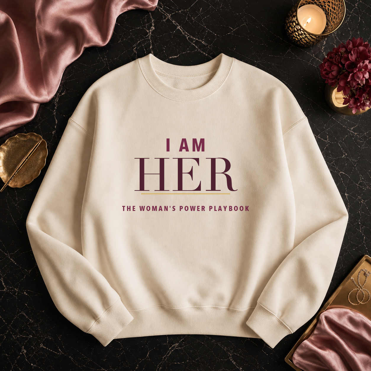 Ivory crewneck with I AM HER quote